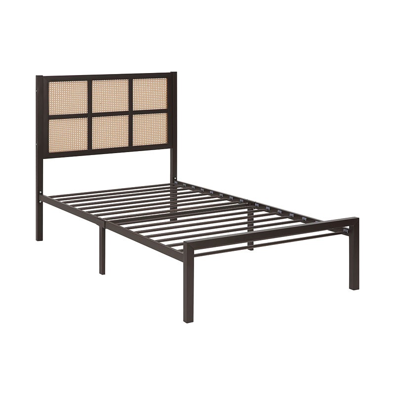 Metal platform bed frame with a slatted base structure.