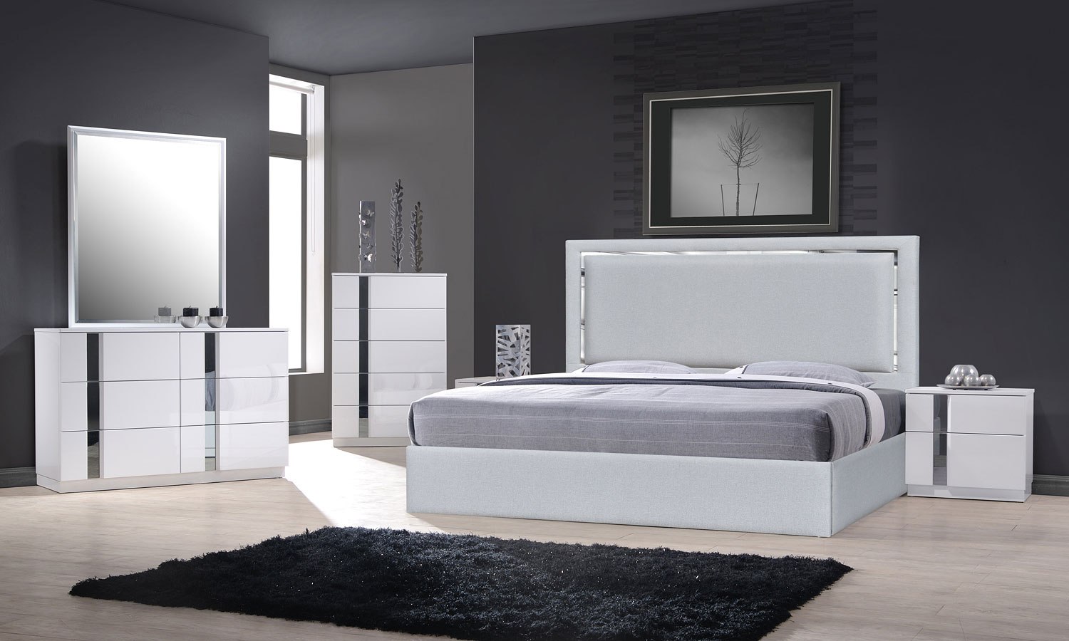 Palermo White Bedroom Set W/ Monet Silver Grey Bed JM Furniture ...