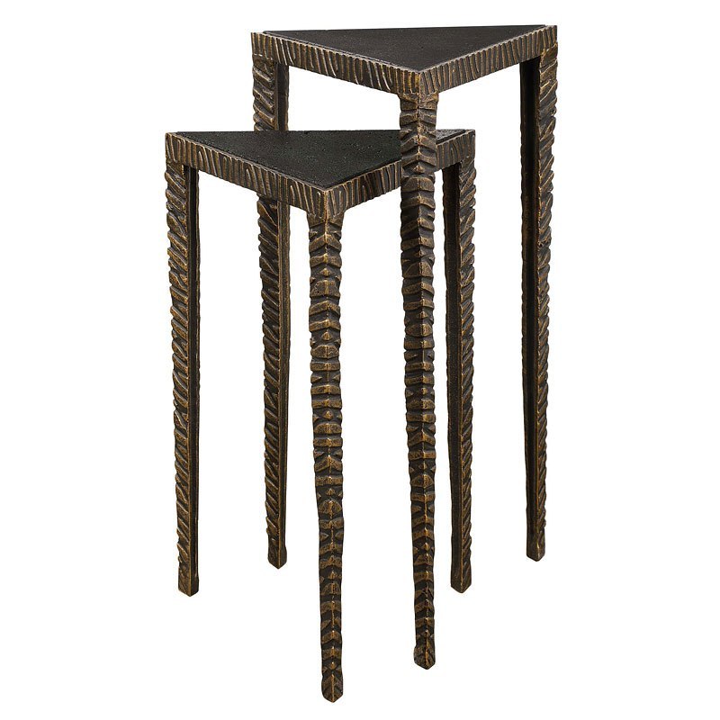 Three triangular accent tables viewed from above.