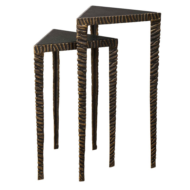 Two triangular accent tables viewed from above.