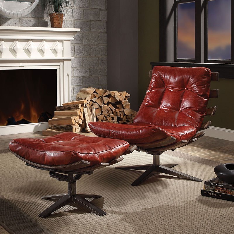 Acme Gandy Antique Red Top Grain Leather Chair Ottoman
