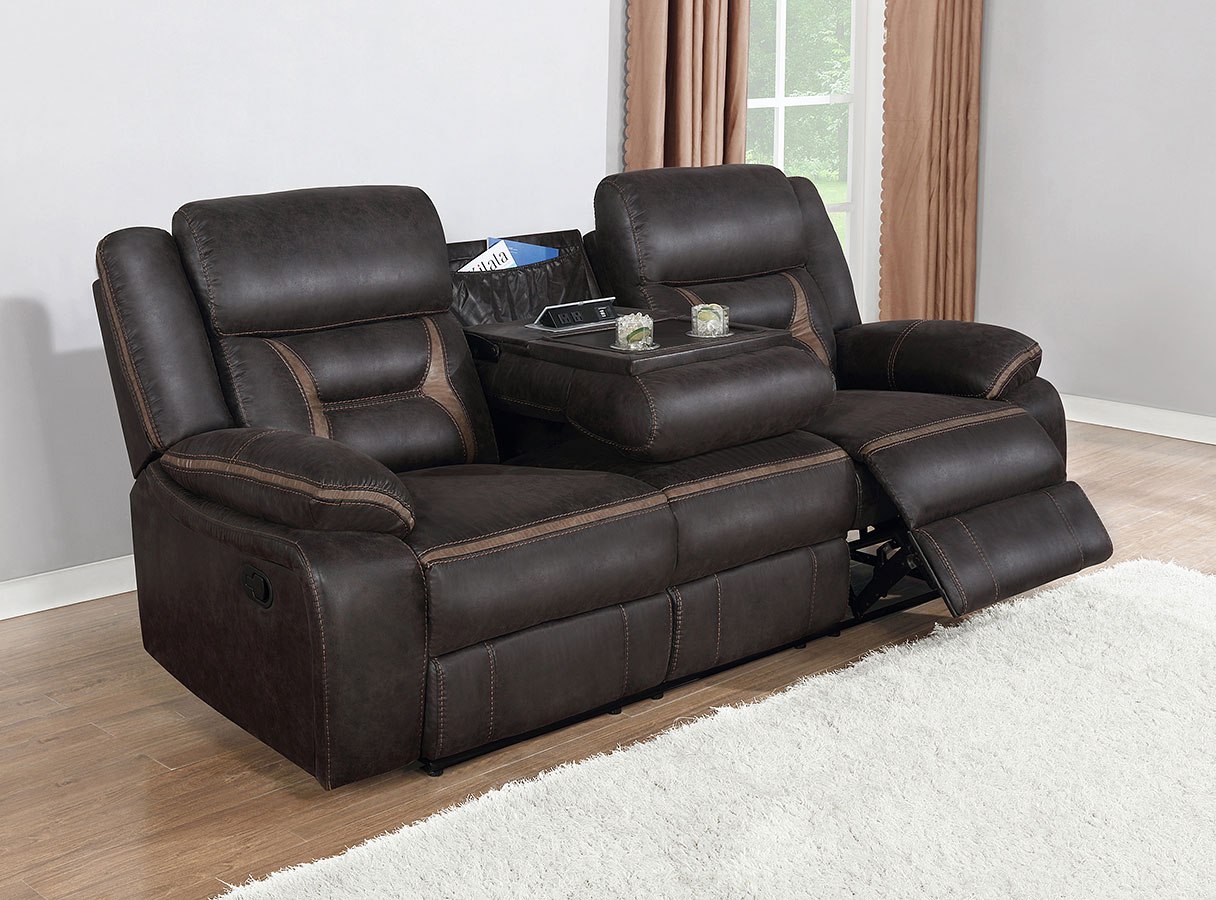 Greer Reclining Sofa W Drop Down Table Dark Brown Coaster Furniture Cart