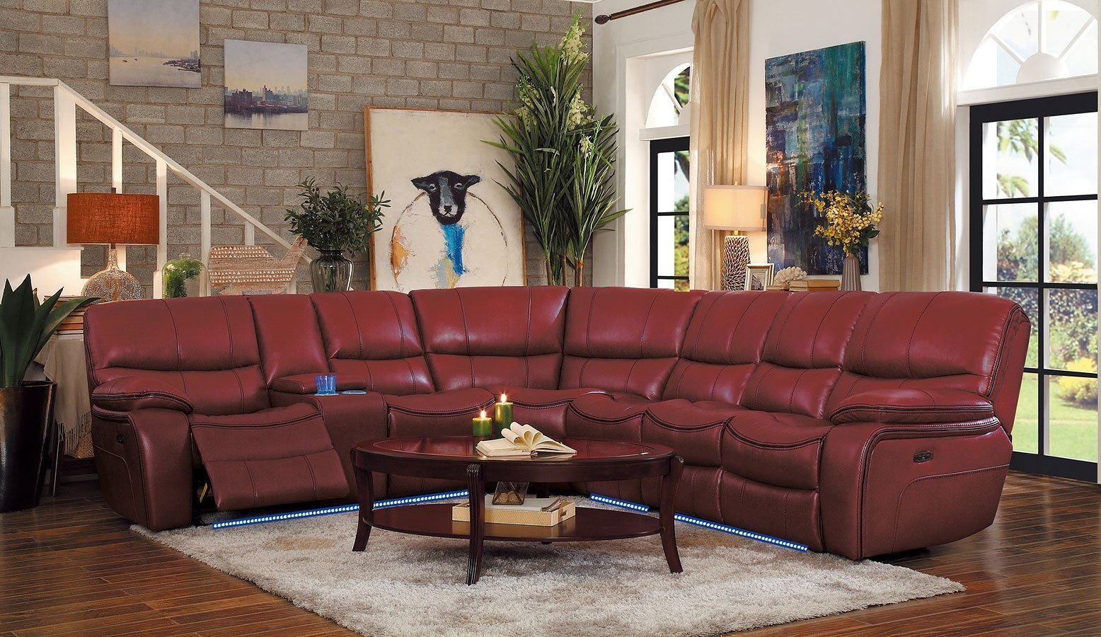 Pecos 4 Piece Power Reclining Sectional W Led Lighting Red Homelegance Furniture Cart