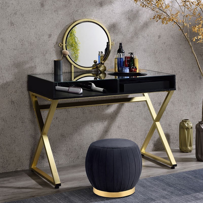 Acme Furniture Coleen Vanity Desk W/Mirror & Jewelry Tray Black & Gold