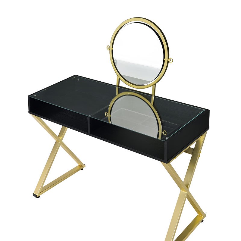 Acme Furniture Coleen Vanity Desk W/Mirror & Jewelry Tray Black & Gold