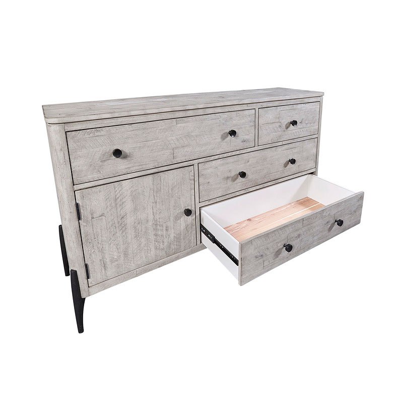 Wooden dresser with an open drawer unit.