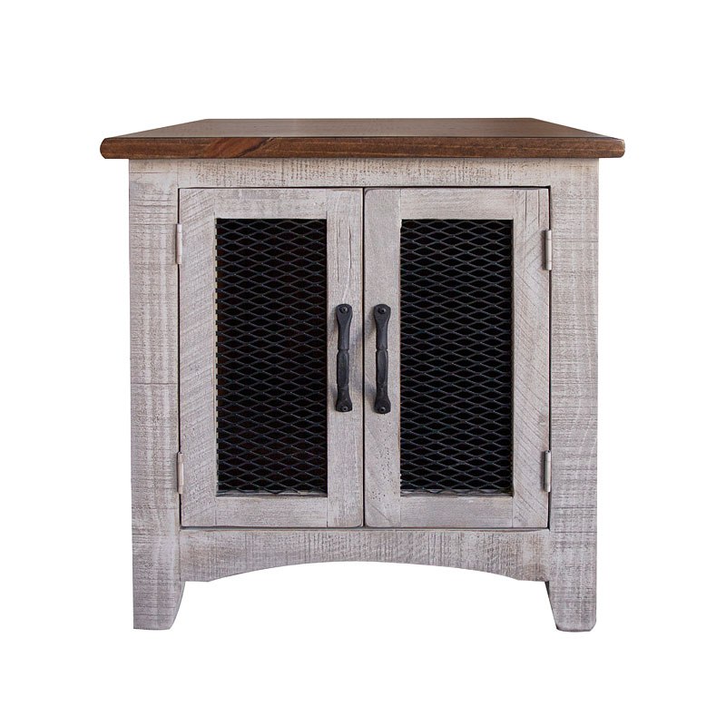 Gray distressed wood end table viewed from the front.
