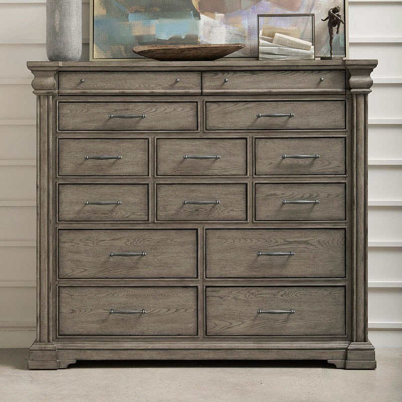 High gloss lacquer finish on nightstands, dresser and chest equipped with smooth closing drawers. madison ridge master chest