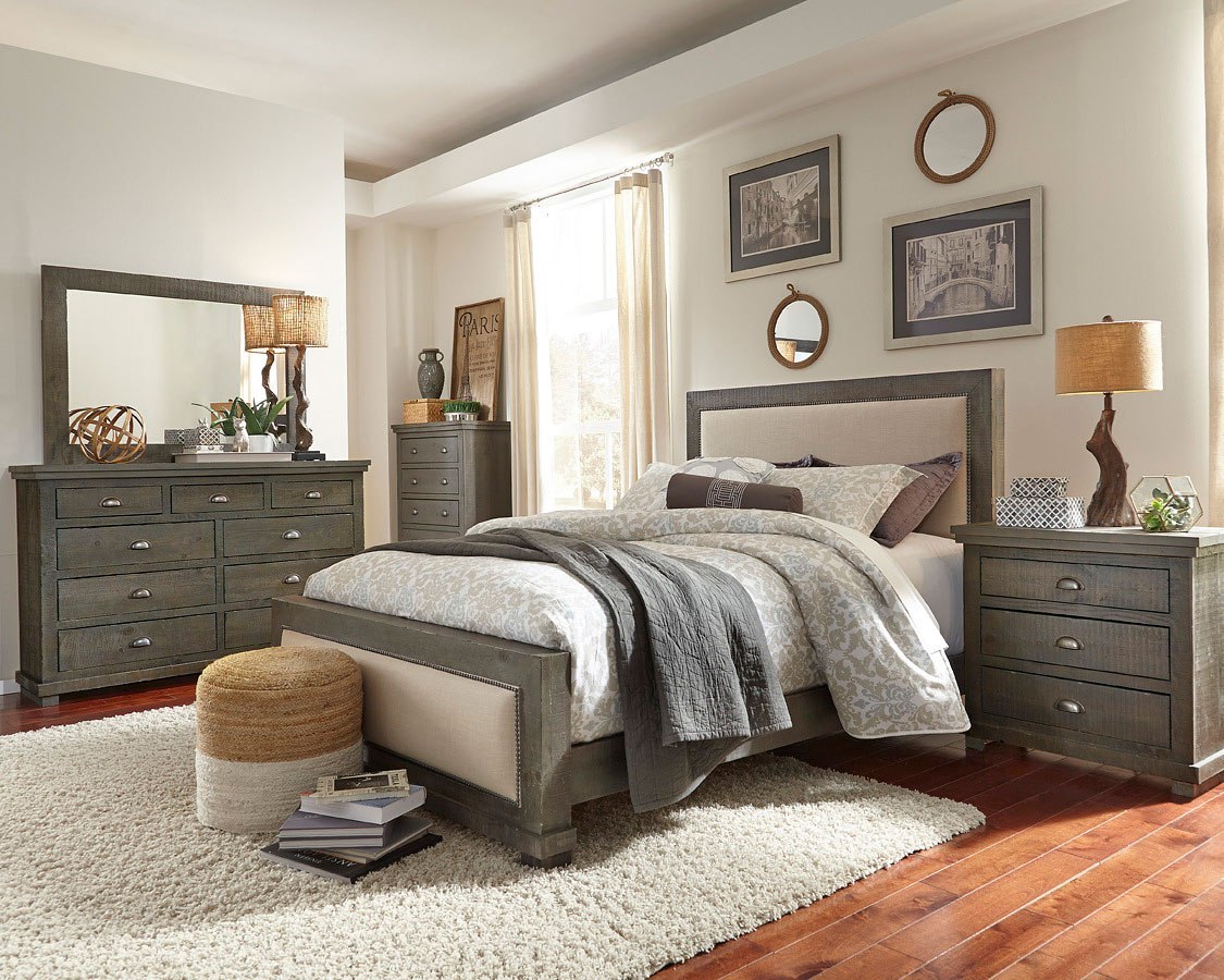 Willow Upholstered Bedroom Set Distressed Dark Gray