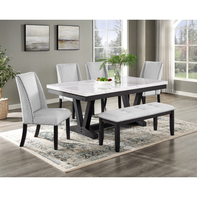Vance Faux Marble Dining Room Set w/ Wing Chairs and Bench