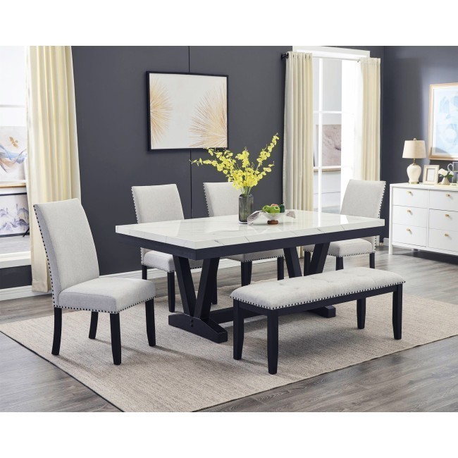 Vance Faux Marble Dining Room Set w/ Varley Chairs and Bench