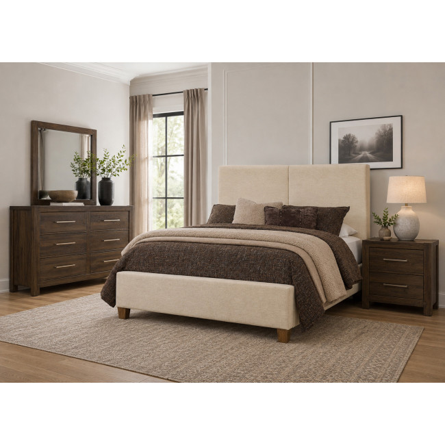 Joinery Espresso Oak Upholstered Bedroom Set w/ Ivory Cream Bed