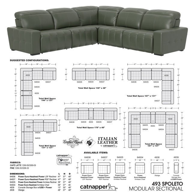 Spoleto Pine Modular Power Reclining Sectional w/ Power Euro Headrests