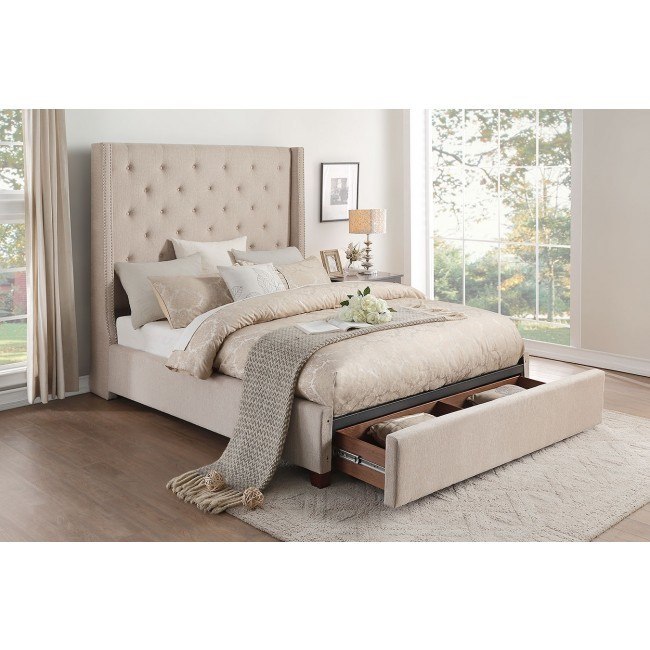 Beige upholstered store bed frame
