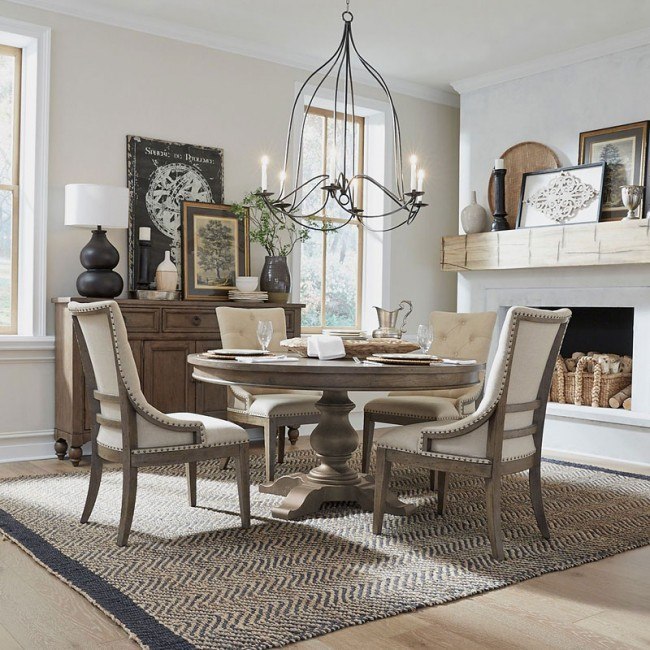 Americana Farmhouse Round Dining Room Set W Shelter Chairs