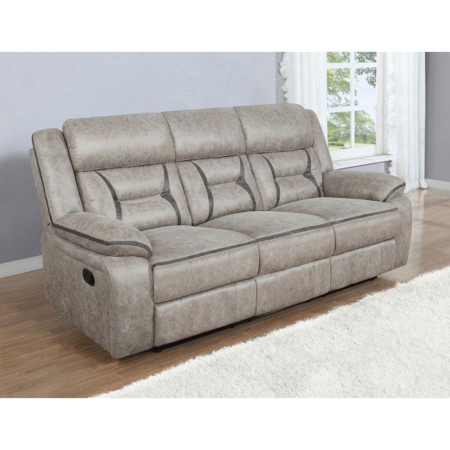 Greer Reclining Sofa W/ Drop Down Table (Taupe) Coaster Furniture ...