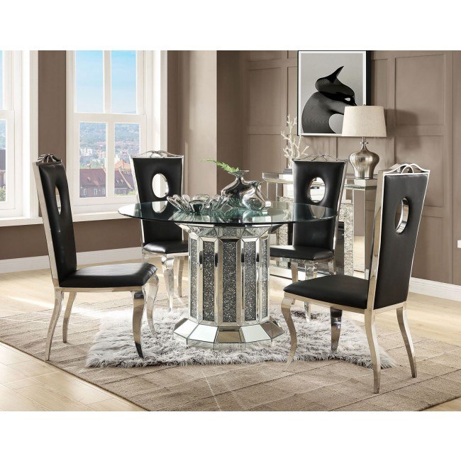 Noralie Round Pedestal Dining Set w/ Cyrene Leather Chairs