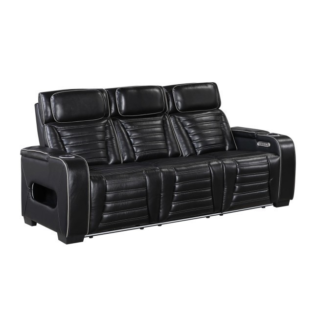 Cyber Black Power Reclining Sofa w/ Drop-Down Center, Power Headrests, Wireless Charger, Air Massage, Heat and LED Lighting