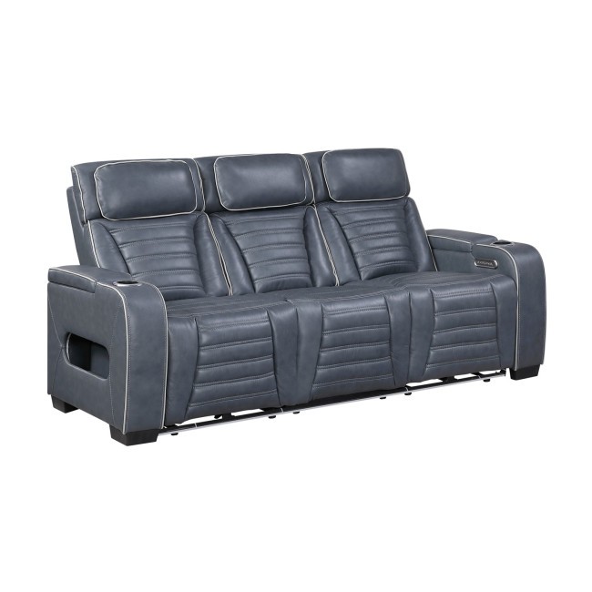 Cyber Blue Power Reclining Sofa w/ Drop-Down Center, Power Headrests, Wireless Charger, Air Massage, Heat and LED Lighting