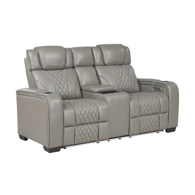 Apex Gray Power Reclining Console Loveseat w/ Power Headrests, Air Massage and Heat