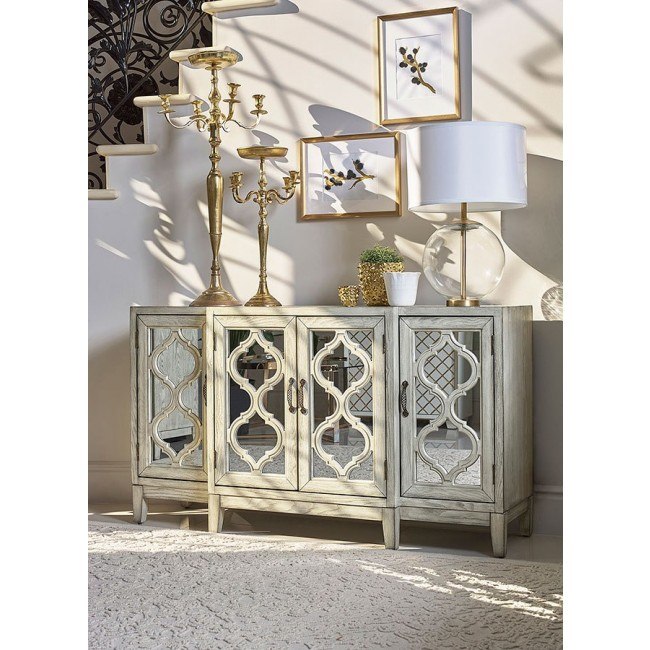 White mirrored store accent cabinet