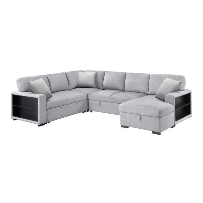 Pompano Gray 4-Piece Sectional w/ Right Chaise, Pull-Out Bed, Hidden Storages and Shelves