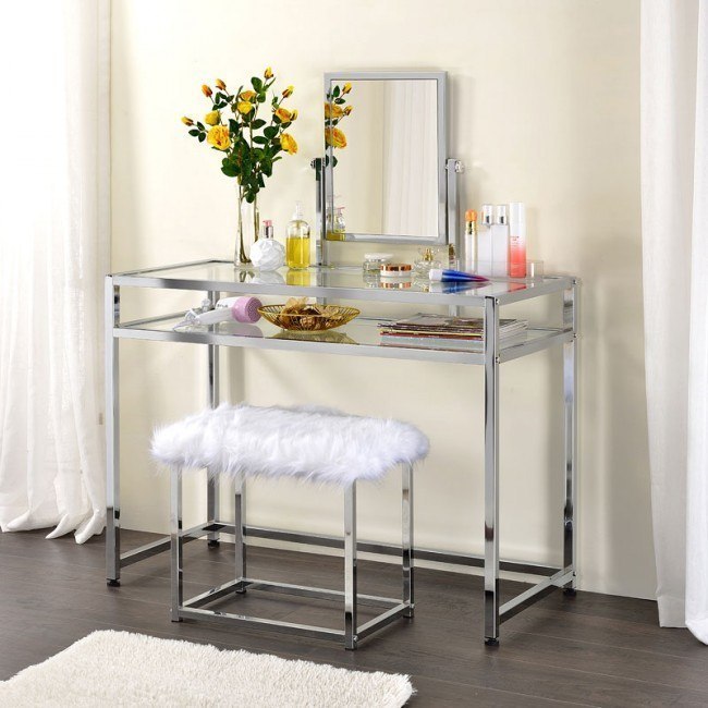Coleen Vanity Set w/ Mirror and Stool (Chrome)
