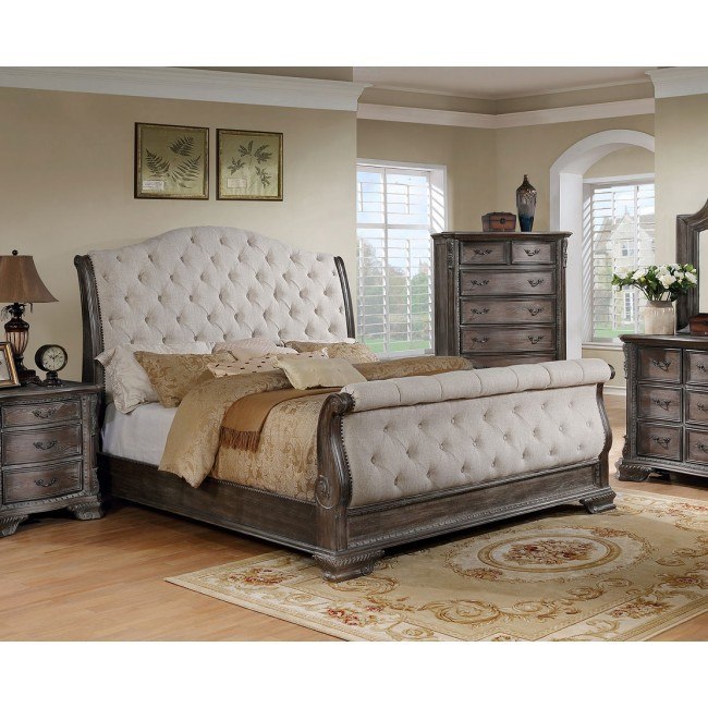 Sheffield Upholstered Sleigh Bed Antique Grey Crown Mark