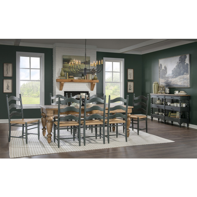 Vintage Market Barnwood Oak Dining Room Set w/ Mallard Green Rush Seat Ladder Back Chairs