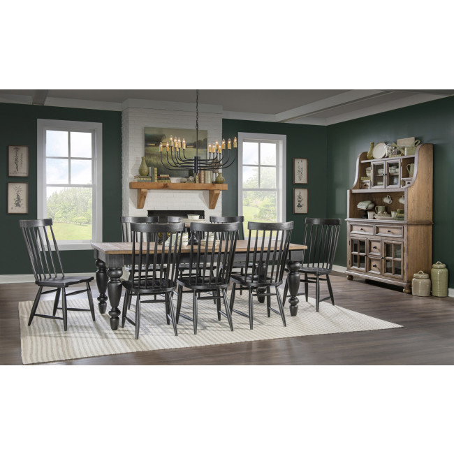 Vintage Market Kettle Black and Barnwood Oak Dining Room Set w/ Kettle Black Windsor Chairs
