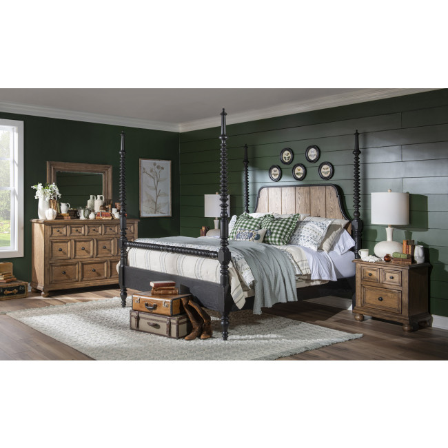 Vintage Market Kettle Black and Barnwood Oak Bobbin Post Bedroom Set w/ Barnwood Oak Casegoods