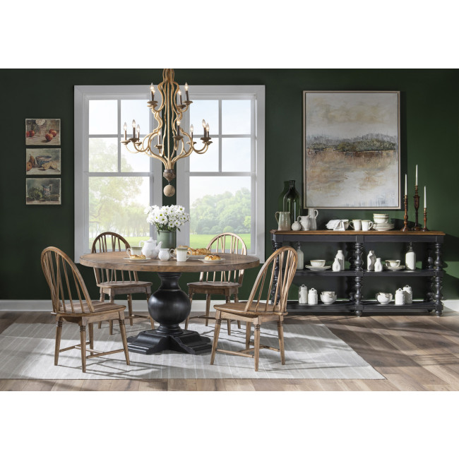 Vintage Market Kettle Black and Barnwood Oak Round Dining Room Set w/ Barnwood Oak Windsor Chairs
