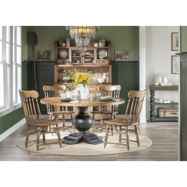 Vintage Market Kettle Black and Barnwood Oak Round Dining Room Set w/ Barnwood Oak Turned Spindle Chairs