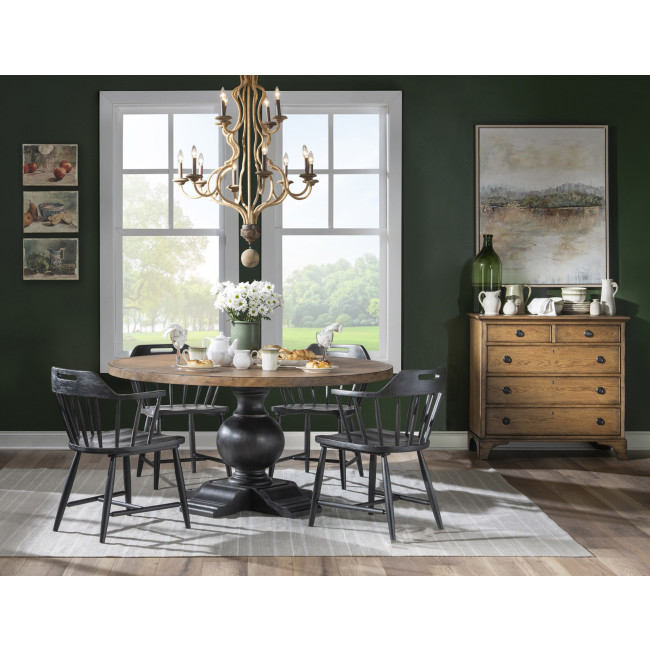 Vintage Market Kettle Black and Barnwood Oak Round Dining Room Set w/ Kettle Black Spindle Back Arm Chairs