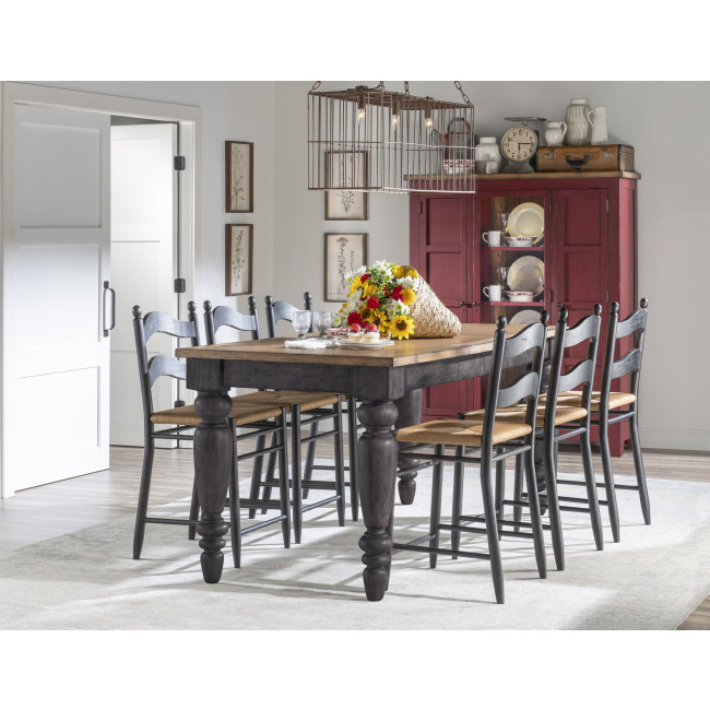 Vintage Market Kettle Black and Barnwood Oak Counter Height Dining Room Set w/ Kettle Black Rush Seat Ladder Back Chairs