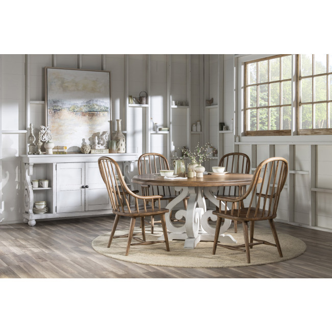 Vintage Market Picket Fence and Barnwood Oak Round Dining Room Set w/ Barnwood Oak Windsor Arm Chairs