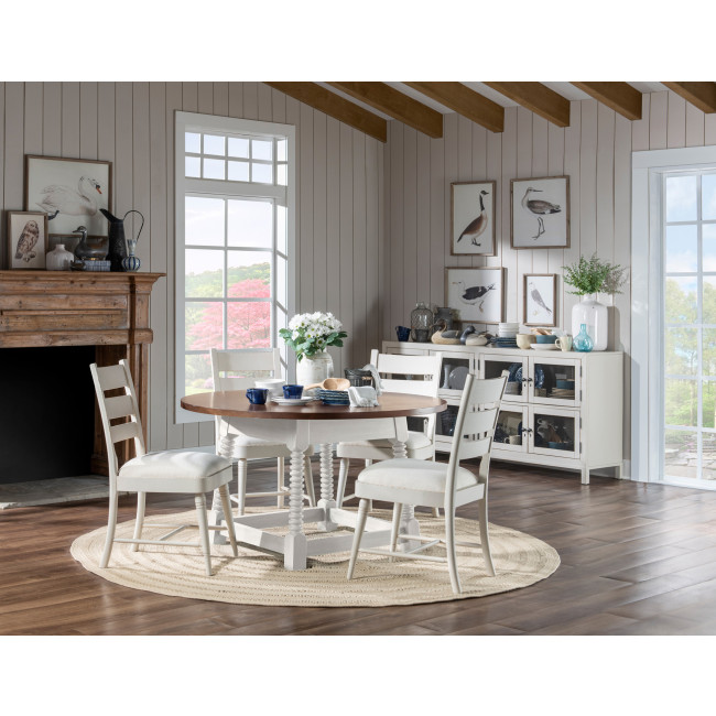 Lake House Sailcloth and Pinecone Round Dining Room Set w/ Sailcloth Ladder Back Chairs