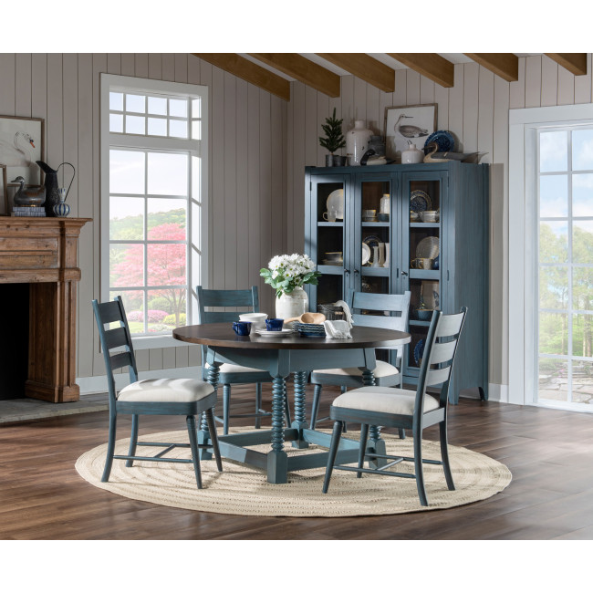Lake House Sea Glass and Dried Tobacco Round Dining Room Set w/ Sea Glass Ladder Back Chairs