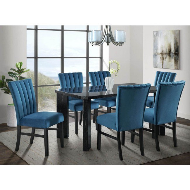 Extra Large Round Dining Table and Brass Chairs with Blue Velvet Seats -  Transitional - Dining Room