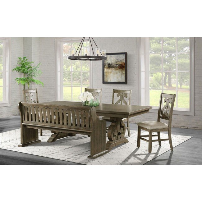 Stone Rectangular Dining Set W Swirl Chairs And Bench Grey