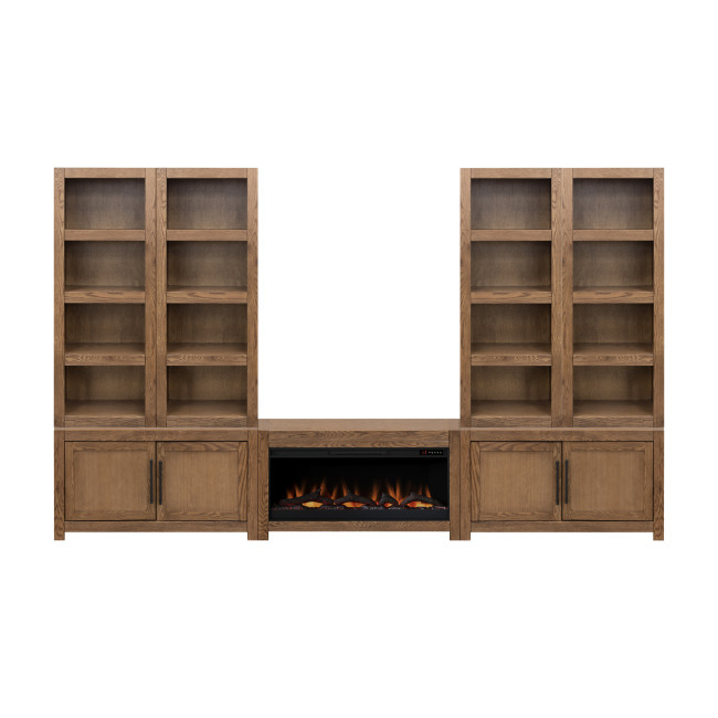 Harbor Bourbon Oak Bookcase Wall with Fireplace Cabinet