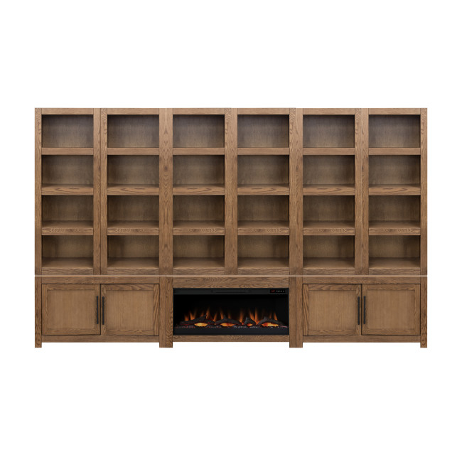 Harbor Bourbon Oak Complete Bookcase Wall with Fireplace