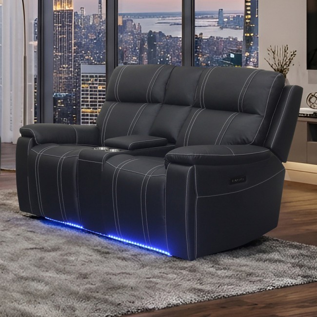 Hartley Black Leather Power Reclining Loveseat w/ Console and Power Headrests