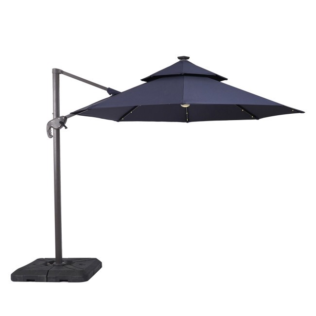 Nuti Blue Outdoor Double Top Umbrella w/ LED Light, Built-In Solar Panel and Base