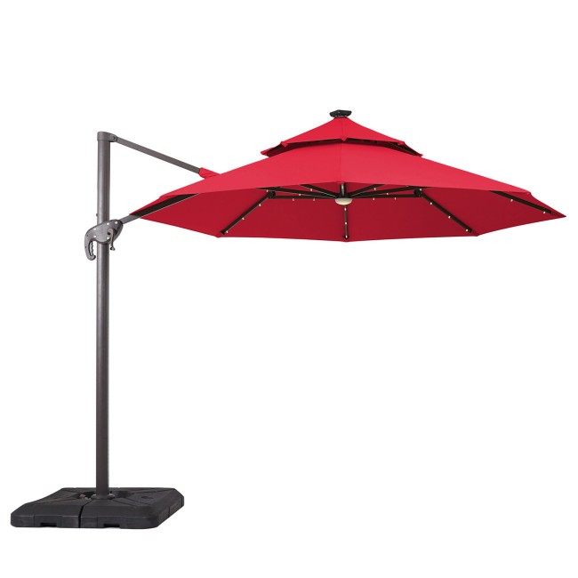 Nuti Red Outdoor Double Top Umbrella w/ LED Light, Built-In Solar Panel and Base