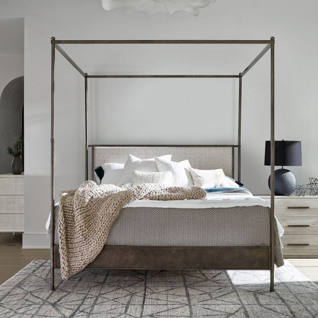 Upholstered canopy hot sale bed