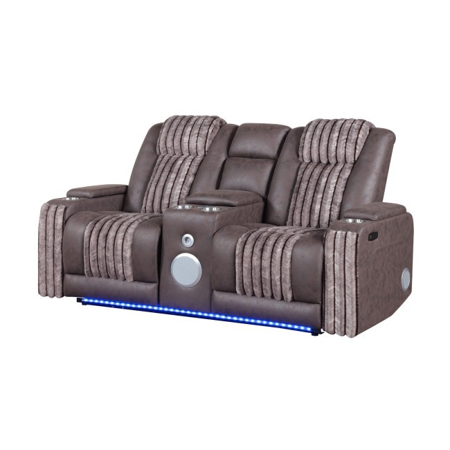 U8000 Brown Power Reclining Console Loveseat w/ Power Headrests, Bluetooth Speaker and LED