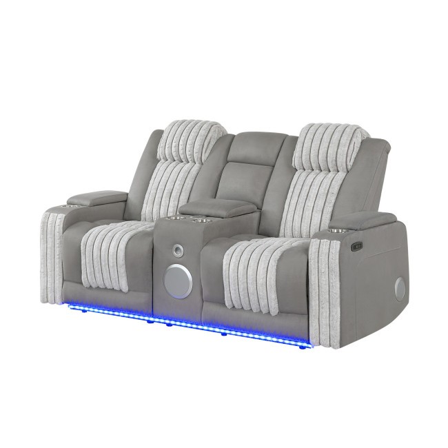 U8000 Grey Power Reclining Console Loveseat w/ Power Headrests, Bluetooth Speaker and LED