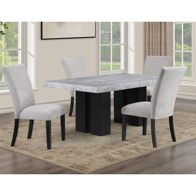 Artemis Black Base Gray Marble Dining Room Set w/ Gray Chenille Chairs