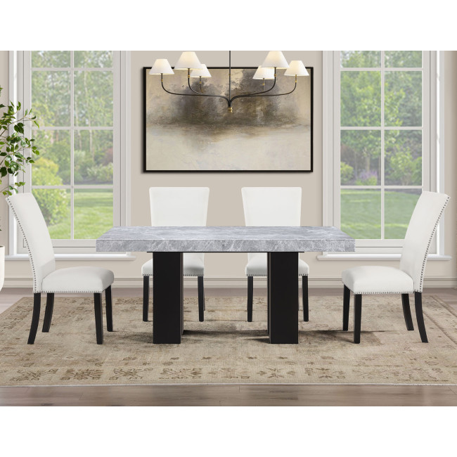 Artemis Black Base Gray Marble Dining Room Set w/ White Chairs